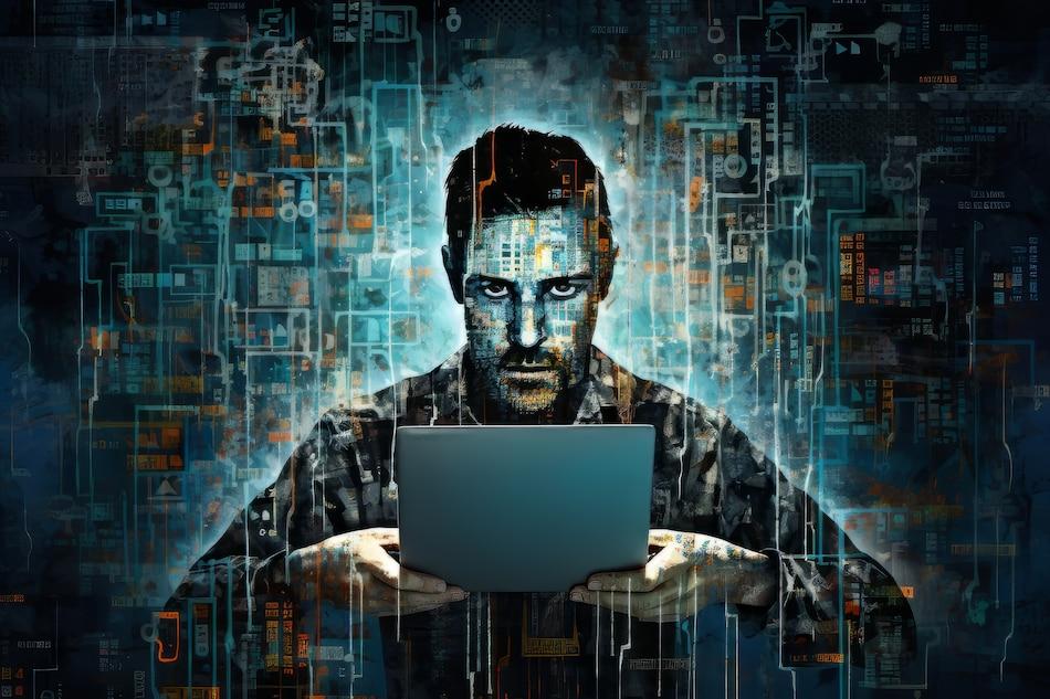 a man with a laptop blends into a digital cyber-themed background