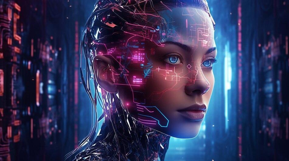 a digital illustration of a female AI with circuitry patterns on her face against a data-stream background